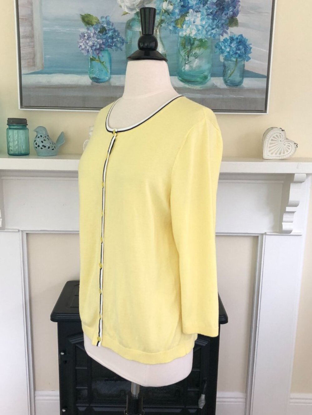 Vintage Buttery Soft Yellow Cardigan 3/4 Sleeve Cotton Blend Large 90s Preppy - Picture 2 of 9